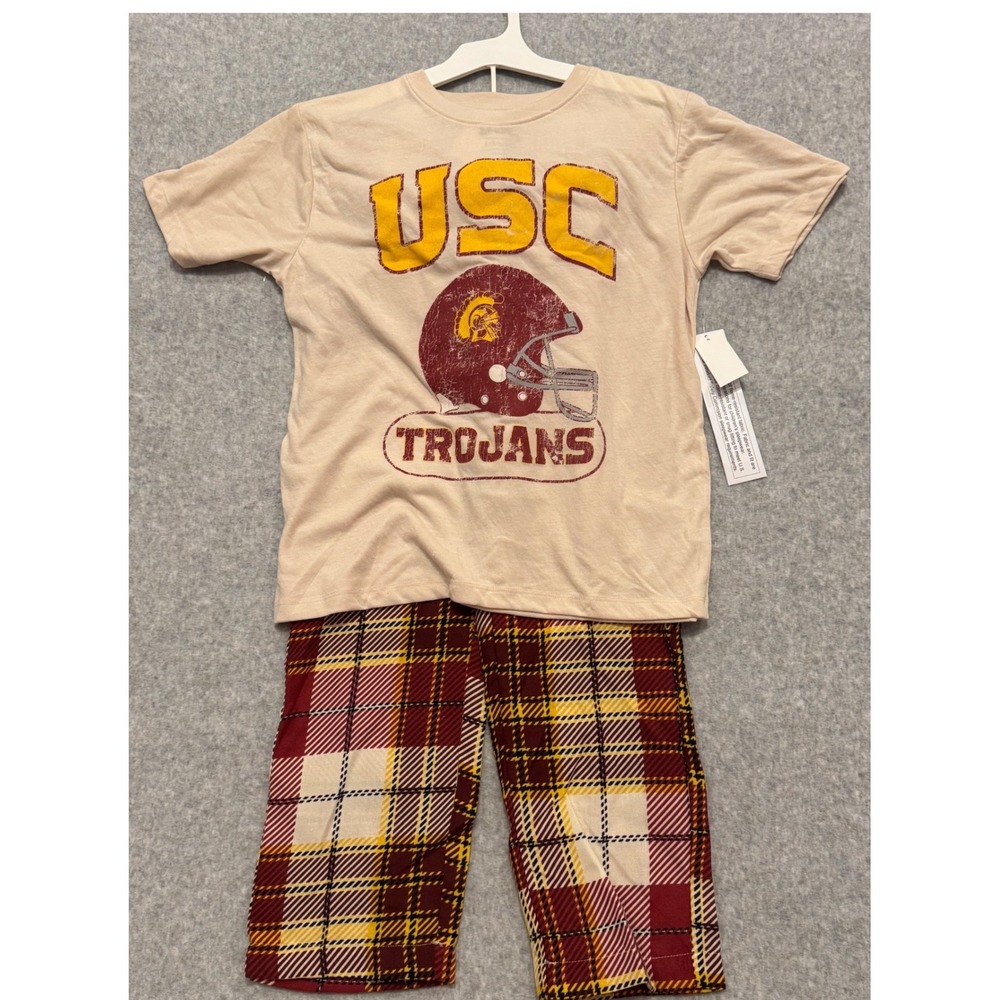 NWT USC Trojans Kids Pajama Set Plaid Short Sleeve T-Shirt Pants‎ Size L 10/12